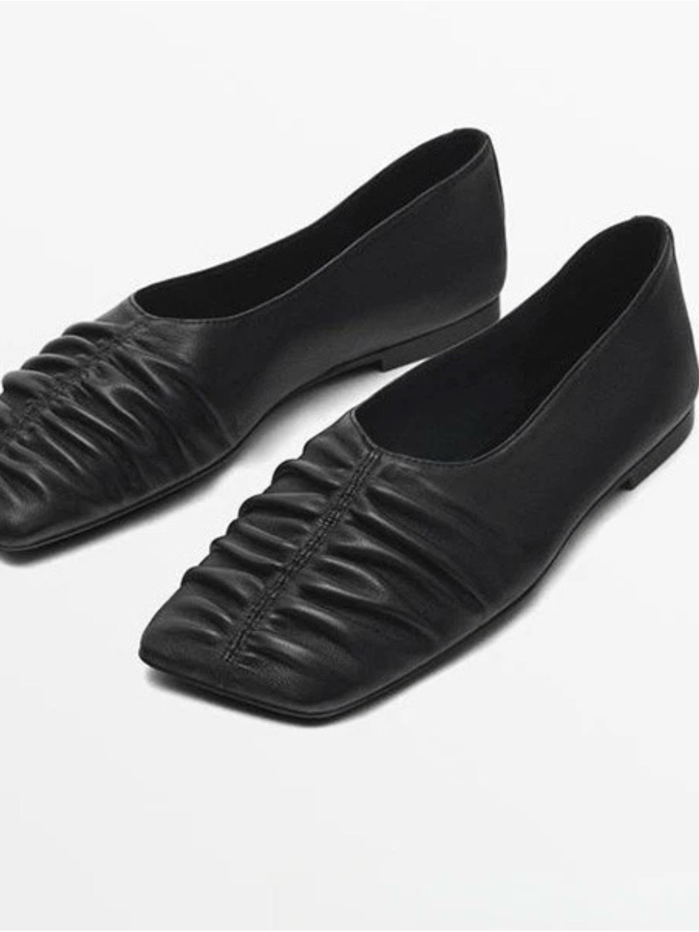 NIB Massimo Dutti Black Leather Ruched Square-Toe Leather Flats Sz 39/8